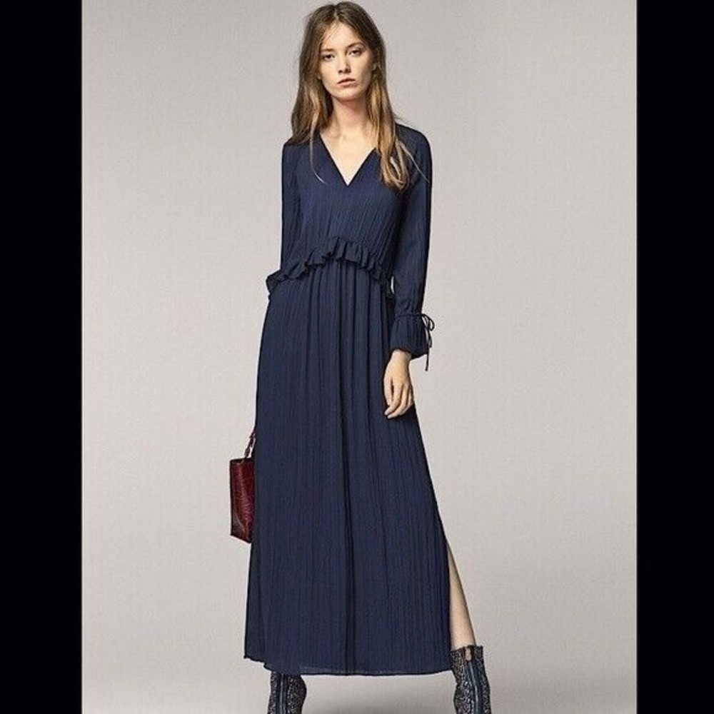 Massimo Dutti Maxi Dress Long Sleeve Blue Ruffles V Neck Side Slit Pull Over S